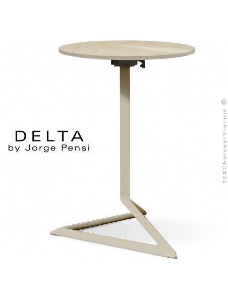 Table design DELTA, plateau pierre DEKTON, Ø50 cm., couleur Danae, piétement aluminium peint écru.