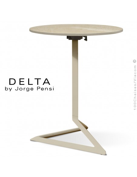 Table design DELTA, plateau pierre DEKTON, Ø60 cm., couleur Danae, piétement aluminium peint écru.