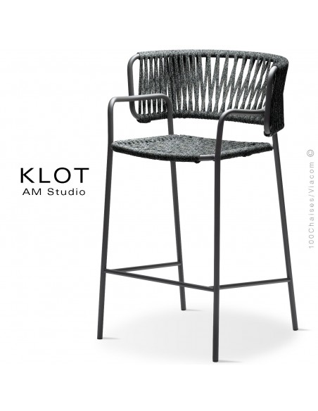 Tabouret design KLOT-SG, piétement acier peint anthracite, assise et dossier tressé en sangle giotto6