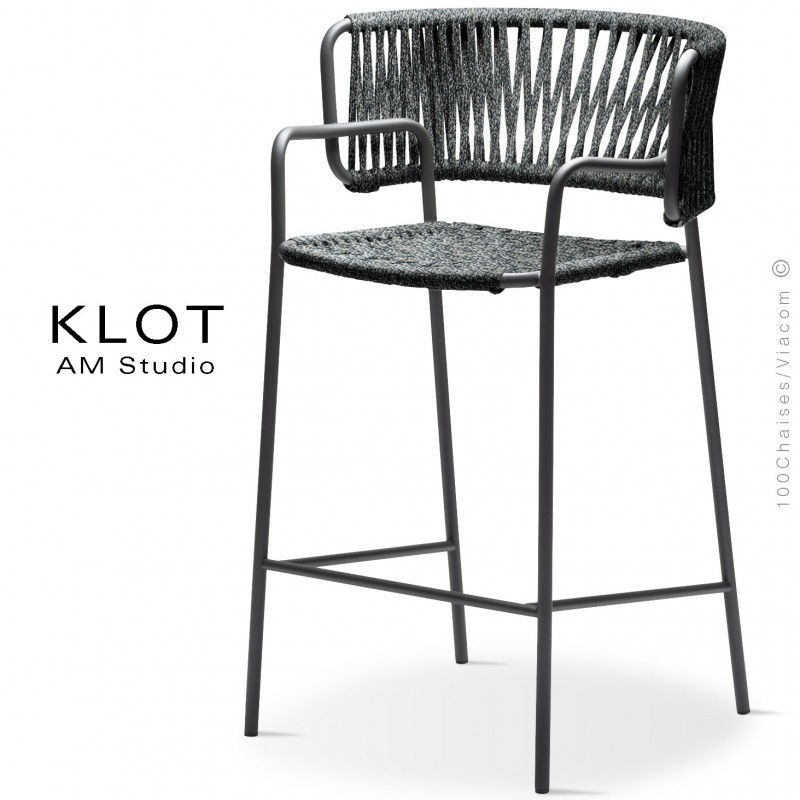 Tabouret design KLOT-SG, piétement acier peint anthracite, assise et dossier tressé en sangle giotto6