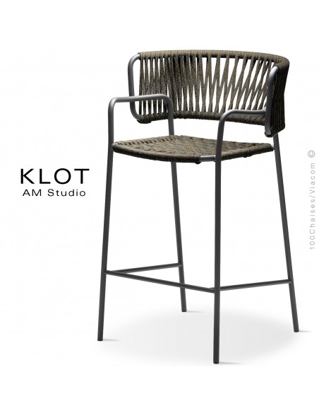 Tabouret design KLOT-SG, piétement acier peint anthracite, assise et dossier tressé en sangle giotto9