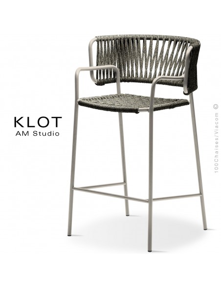 Tabouret design KLOT-SG, piétement acier peint sand, assise et dossier tressé en sangle giotto3