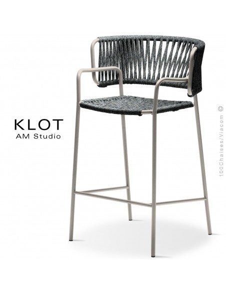 Tabouret design KLOT-SG, piétement acier peint sand, assise et dossier tressé en sangle giotto6