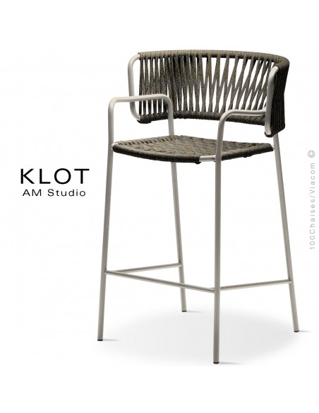 Tabouret design KLOT-SG, piétement acier peint sand, assise et dossier tressé en sangle giotto9