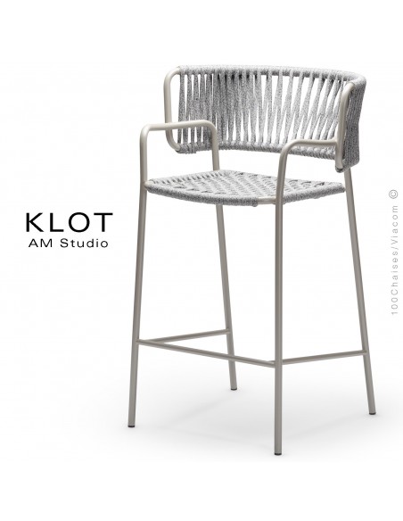 Tabouret design KLOT-SG, piétement acier peint, assise et dossier tressé en sangle.