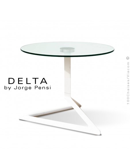 Table basse design DELTA, piétement fantaisie aluminium peint blanc, plateau Ø50 cm., verre transparent securit.