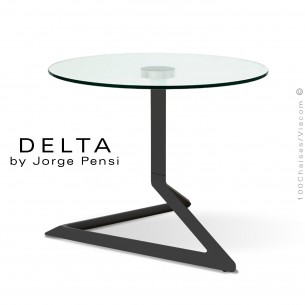 Table basse design DELTA, piétement fantaisie aluminium peint noir, plateau Ø50 cm., verre transparent securit.