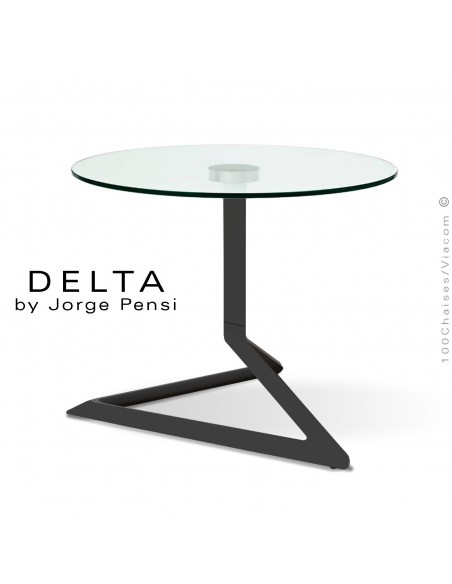 Table basse design DELTA, piétement fantaisie aluminium peint noir, plateau Ø50 cm., verre transparent securit.