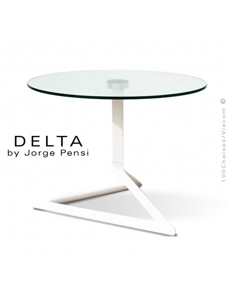 Table basse design DELTA, piétement fantaisie aluminium peint blanc, plateau Ø60 cm., verre transparent securit.