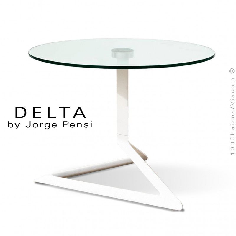 Table basse design DELTA, piétement fantaisie aluminium peint blanc, plateau Ø60 cm., verre transparent securit.
