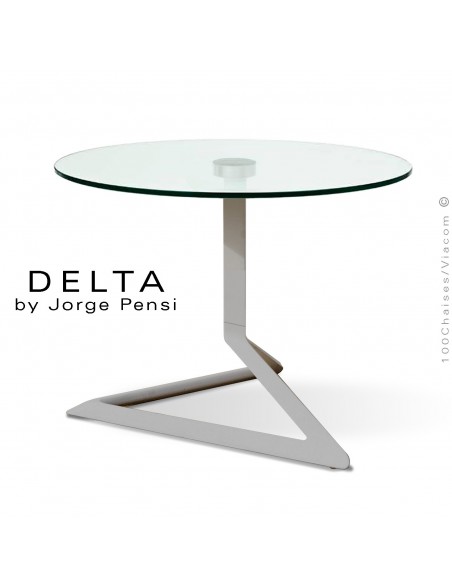 Table basse design DELTA, piétement fantaisie aluminium peint gris, plateau Ø60 cm., verre transparent securit.