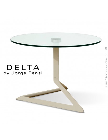 Table basse design DELTA, piétement fantaisie aluminium peint écru, plateau Ø70 cm., verre transparent securit.