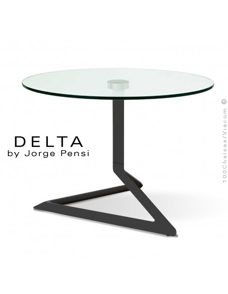 Table basse design DELTA, piétement fantaisie aluminium peint noir, plateau Ø70 cm., verre transparent securit.