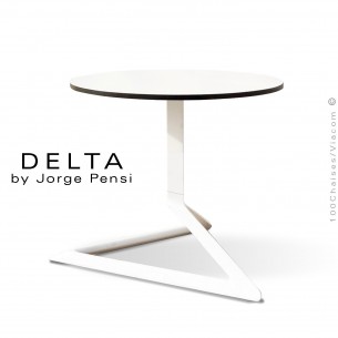 Table basse design DELTA, piétement fantaisie aluminum peint blanc, plateau Ø50 type Compact HPL blanc.