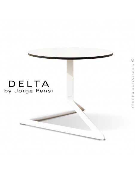 Table basse design DELTA, piétement fantaisie aluminum peint blanc, plateau Ø50 type Compact HPL blanc.