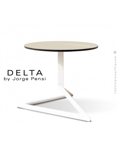 Table basse design DELTA, piétement fantaisie aluminum peint blanc, plateau Ø50 type Compact HPL écru.