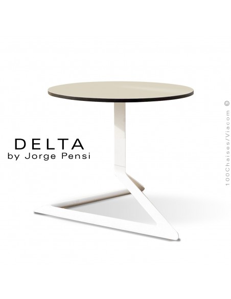 Table basse design DELTA, piétement fantaisie aluminum peint blanc, plateau Ø50 type Compact HPL écru.
