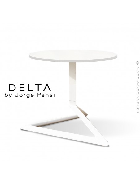 Table basse design DELTA, piétement fantaisie aluminum peint blanc, plateau Ø50 type Compact HPL full blanc.