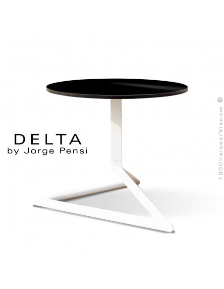 Table basse design DELTA, piétement fantaisie aluminum peint blanc, plateau Ø50 type Compact HPL full noir.