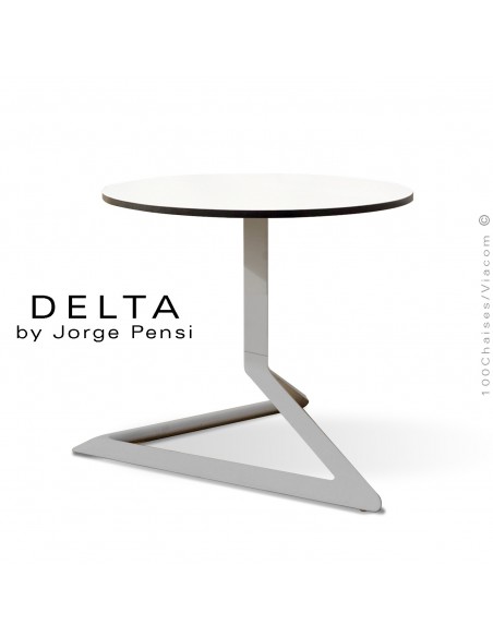 Table basse design DELTA, piétement fantaisie aluminum peint gris, plateau Ø50 type Compact HPL blanc.
