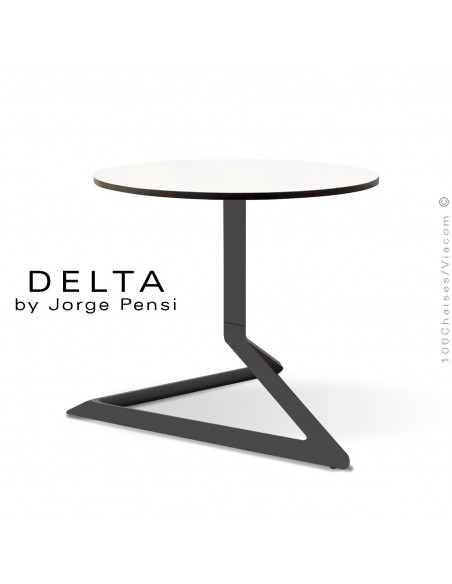 Table basse design DELTA, piétement fantaisie aluminum peint noir, plateau Ø50 type Compact HPL blanc.