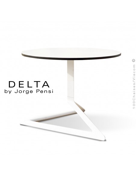 Table basse design DELTA, piétement fantaisie aluminum peint blanc, plateau Ø60 type Compact HPL blanc.