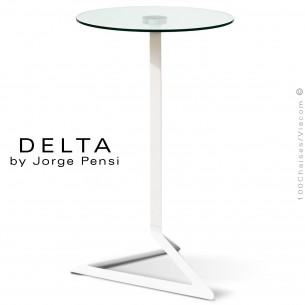 Table mange-debout design DELTA, piétement fantaisie aluminium peint blanc, plateau rond Ø50 cm. verre transparent securit.