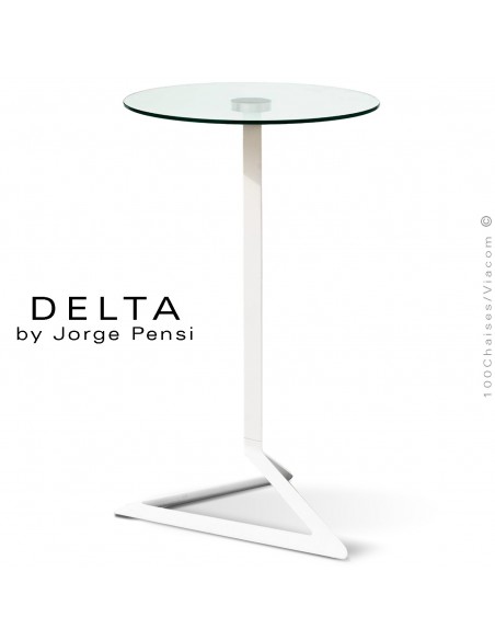 Table mange-debout design DELTA, piétement fantaisie aluminium peint blanc, plateau rond Ø50 cm. verre transparent securit.
