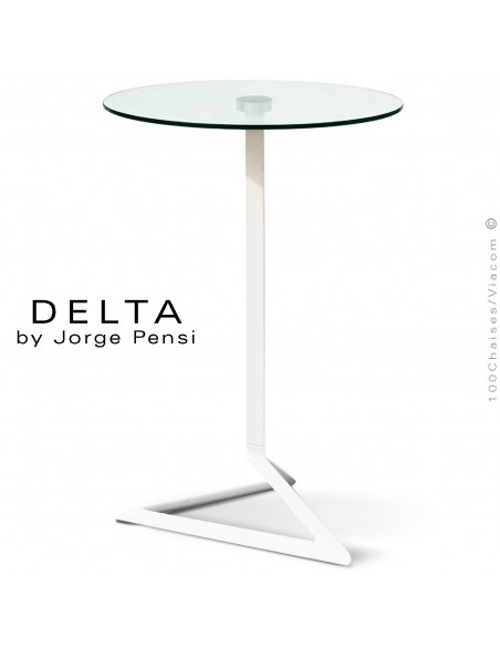 Table mange-debout design DELTA, piétement fantaisie aluminium peint blanc, plateau rond Ø60 cm. verre transparent securit.