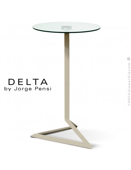 Table mange-debout design DELTA, piétement fantaisie aluminium peint écru, plateau rond Ø50 cm. verre transparent securit.