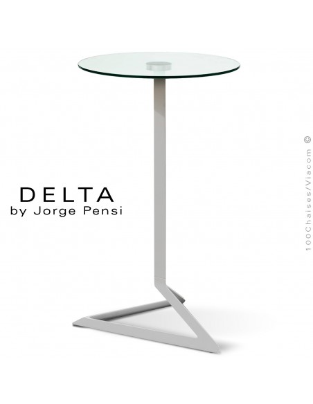 Table mange-debout design DELTA, piétement fantaisie aluminium peint gris, plateau rond Ø50 cm. verre transparent securit.