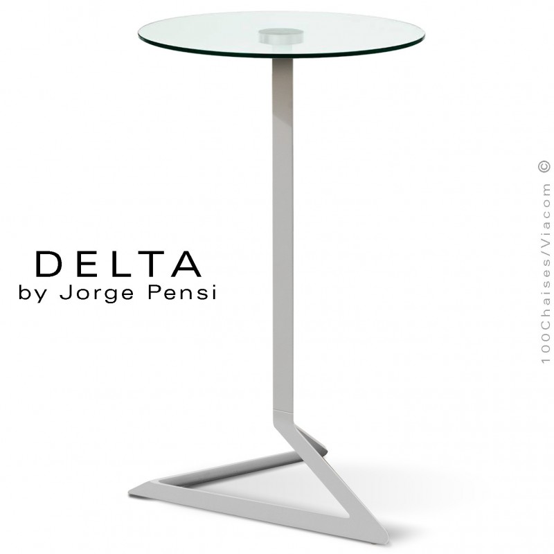 Table mange-debout design DELTA, piétement fantaisie aluminium peint gris, plateau rond Ø50 cm. verre transparent securit.