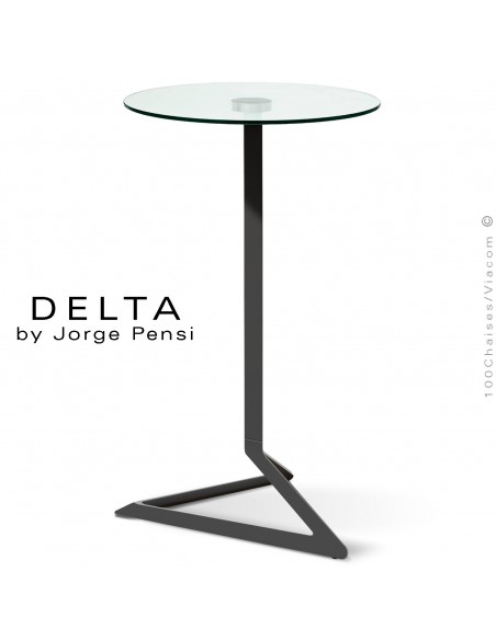 Table mange-debout design DELTA, piétement fantaisie aluminium peint noir, plateau rond Ø50 cm. verre transparent securit.