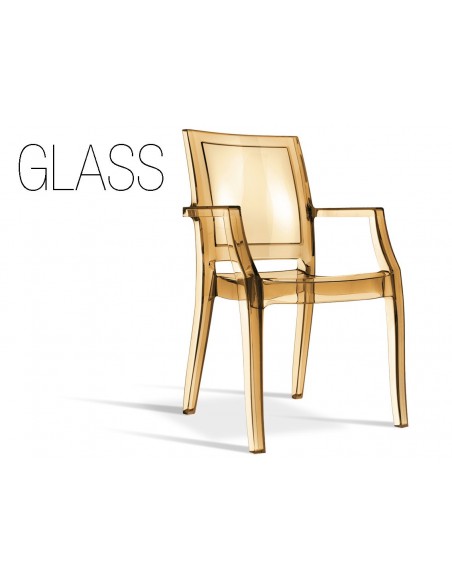 GLASS chaise design en polycarbonate, finition transparente ambré.