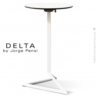 Table mange debout DELTA, piétement fantaisie aluminium blanc, plateau rond Ø50 cm., compact blanc.