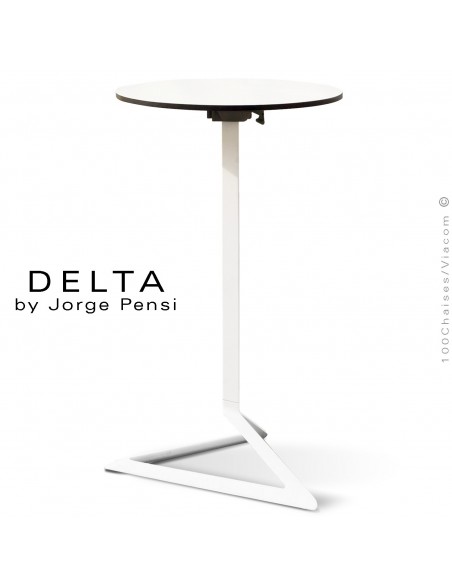 Table mange debout DELTA, piétement fantaisie aluminium blanc, plateau rond Ø50 cm., compact blanc.