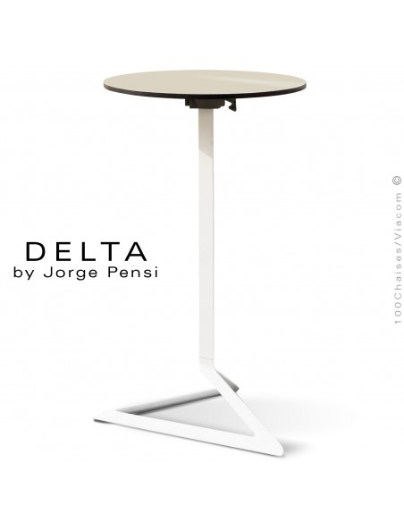 Table mange debout DELTA, piétement fantaisie aluminium blanc, plateau rond Ø50 cm., compact écru.