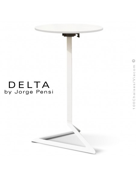Table mange debout DELTA, piétement fantaisie aluminium blanc, plateau rond Ø50 cm., compact full blanc.
