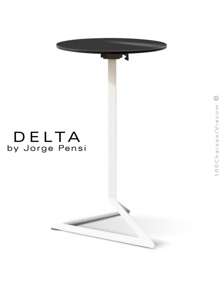 Table mange debout DELTA, piétement fantaisie aluminium blanc, plateau rond Ø50 cm., compact noir.