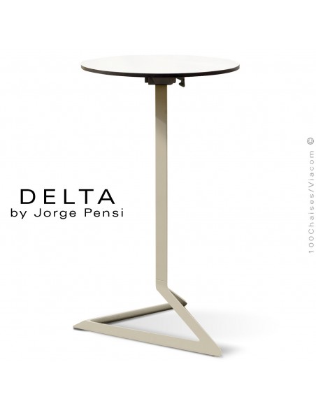 Table mange debout DELTA, piétement fantaisie aluminium écru, plateau rond Ø50 cm., compact blanc.