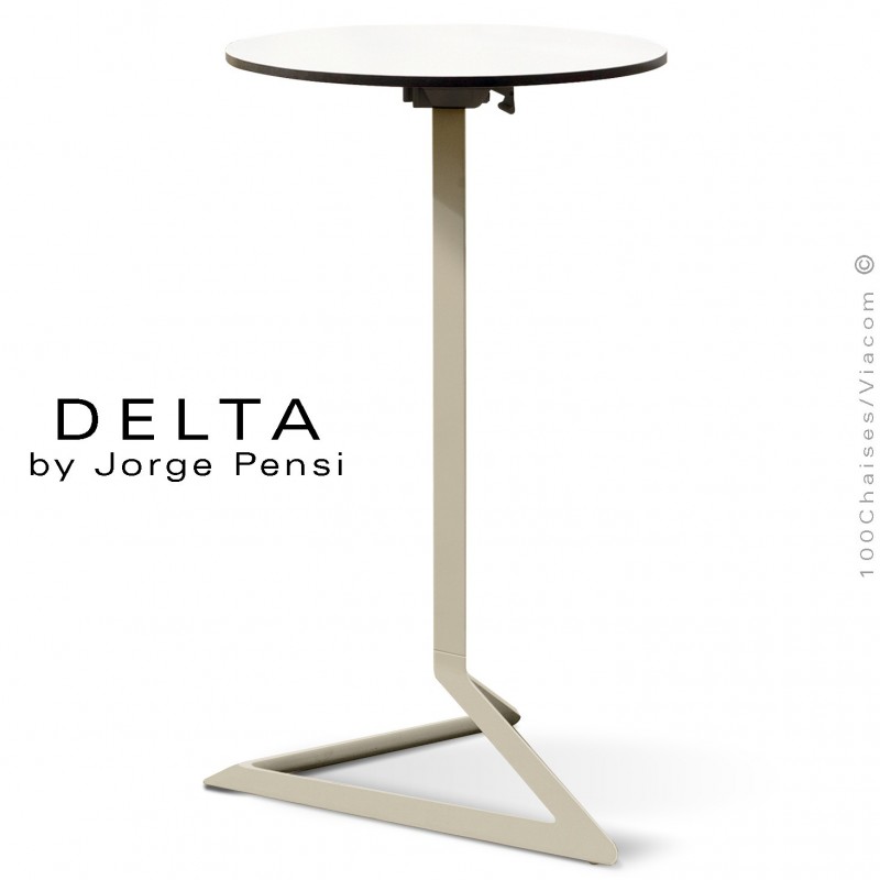 Table mange debout DELTA, piétement fantaisie aluminium écru, plateau rond Ø50 cm., compact blanc.