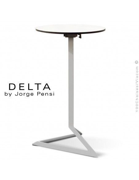 Table mange debout DELTA, piétement fantaisie aluminium gris, plateau rond Ø50 cm., compact blanc.