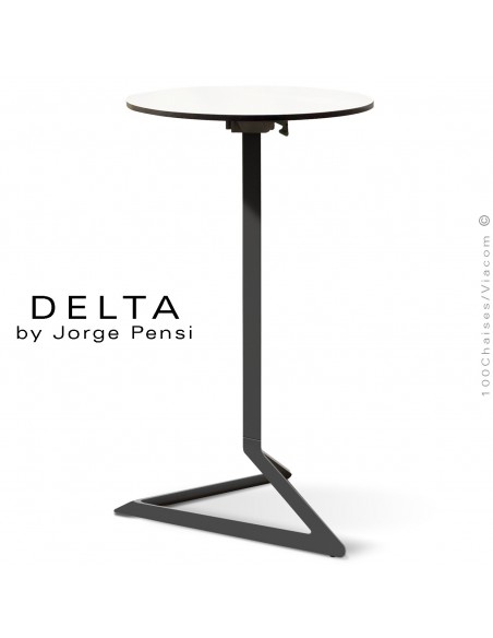 Table mange debout DELTA, piétement fantaisie aluminium noir, plateau rond Ø50 cm., compact blanc.