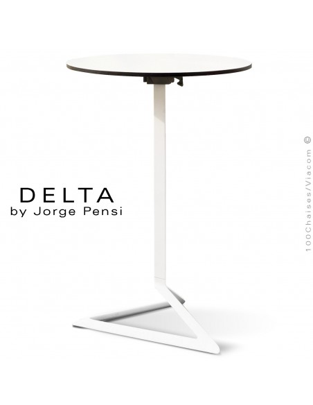 Table mange debout DELTA, piétement fantaisie aluminium blanc, plateau rond Ø60 cm., compact blanc.