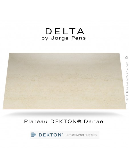 Plateau table DEKTON, couleur Danae pour table design DELTA, piétement fantaisie aluminium peint.