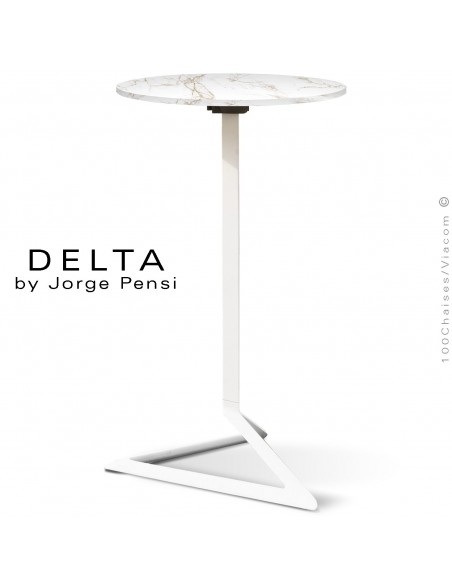 Table mange debout design DELTA, plateau pierre DEKTON, Ø50 cm., couleur Entzo, piétement aluminium peint blanc.