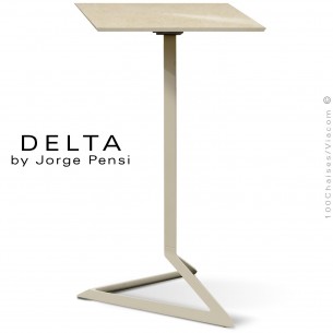 Table mange debout design DELTA, plateau pierre DEKTON, 50x50 cm., couleur Danae, piétement aluminium peint écru.
