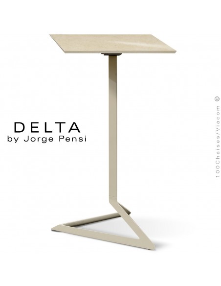 Table mange debout design DELTA, plateau pierre DEKTON, 50x50 cm., couleur Danae, piétement aluminium peint écru.