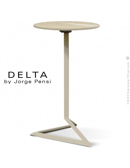 Table mange debout design DELTA, plateau pierre DEKTON, Ø50 cm., couleur Danae, piétement aluminium peint écru.