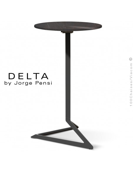 Table mange debout design DELTA, plateau pierre DEKTON, Ø50 cm., couleur Kelya, piétement aluminium peint noir.